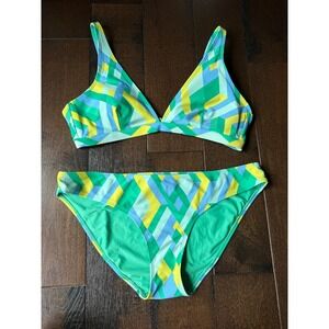Aerie‎ Geometric Print Bikini Set Green Blue Yellow Halter Top XL Bottom L Top
